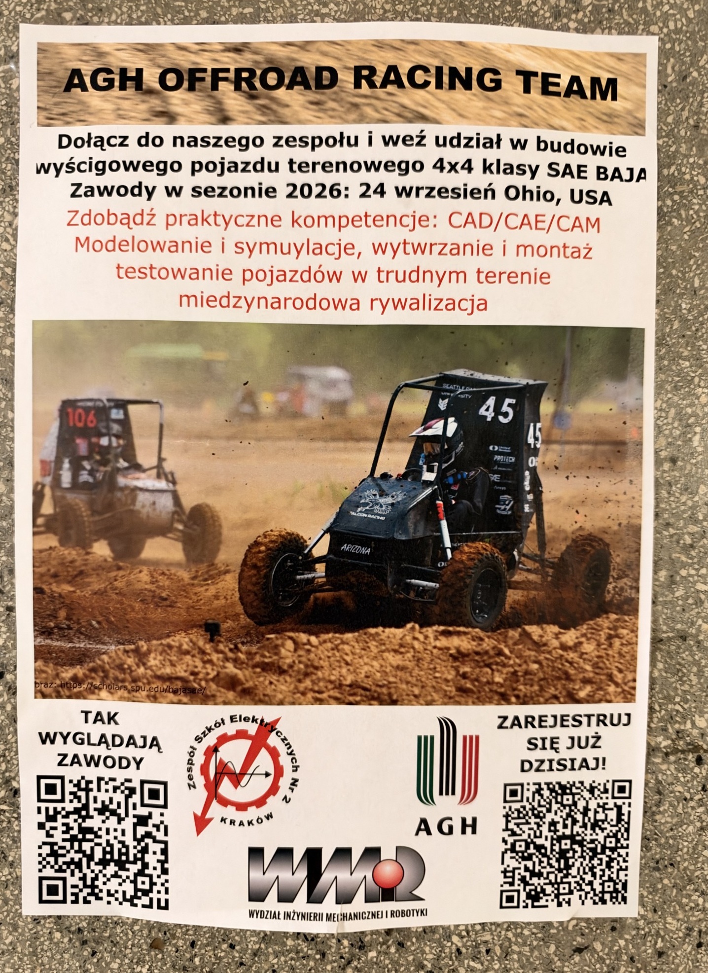 Plakat AGH Offroad Racing Team z logotypami ZSEl Nr 2, AGH i WIMiR