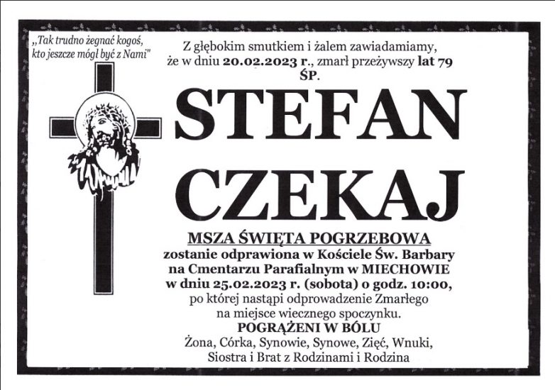 Klepsydra z datą śmierci i  pochówku Stefana Czekaja